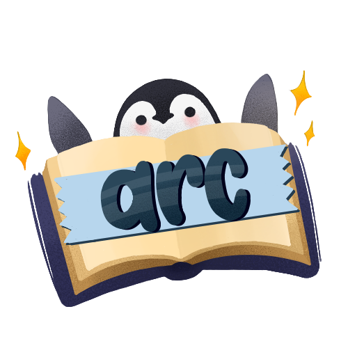 ARC Logo. A dark grey baby penguin behind a blue book with the blue words arc in the middle in front of a light blue bookmark. Yellow sparkles are around the penguin