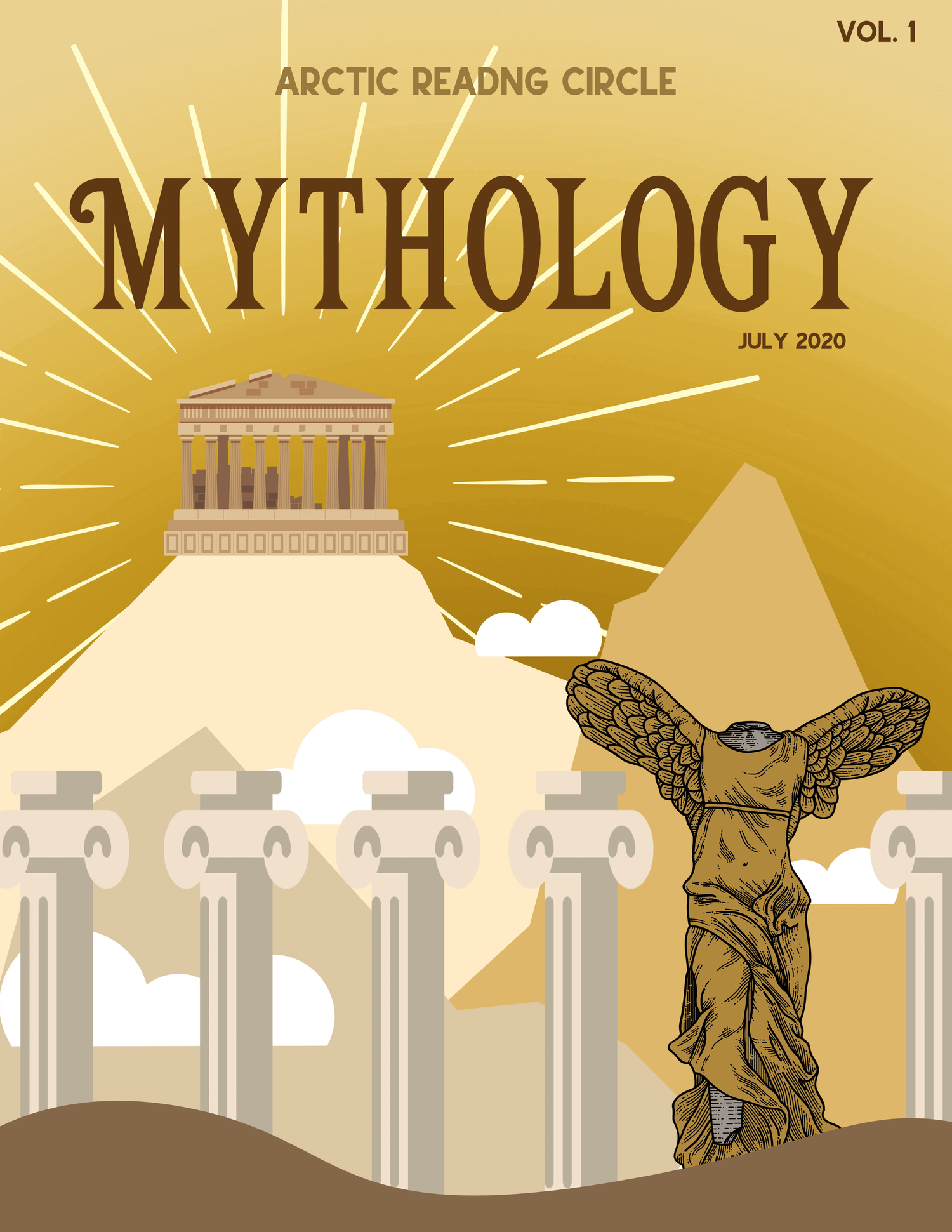 Cover to the Arctic Reading Circle Magazine, Volume 1. Its title is Mythology and was published in July 2020.
