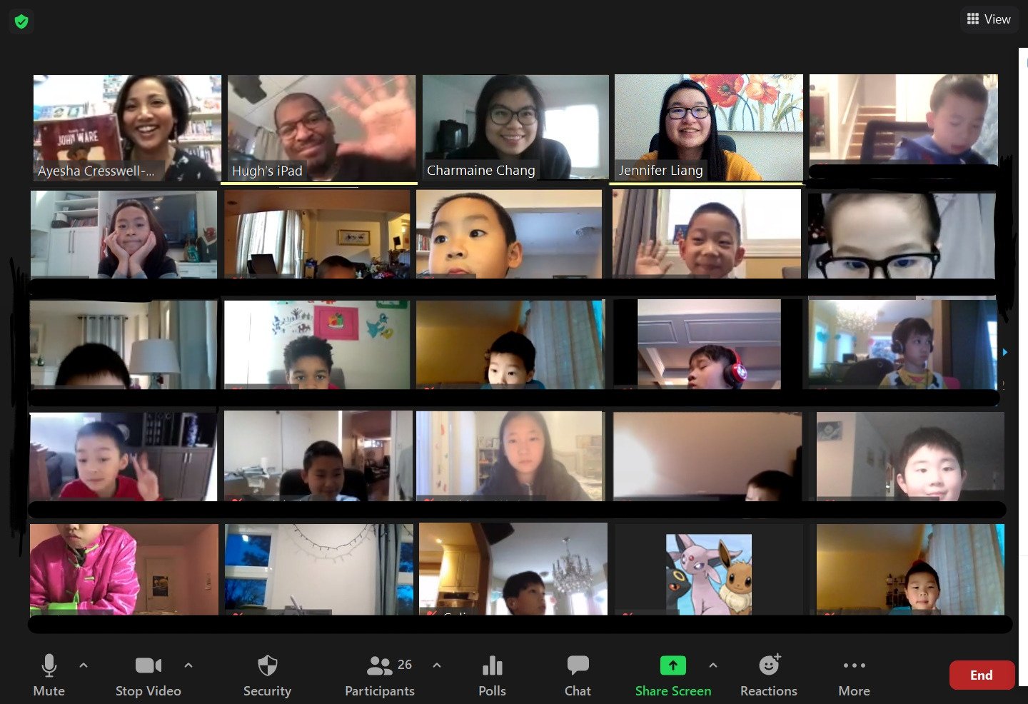 A photo of our event with Red Barn Books. Many children and a few adults are in a Zoom meeting. Some are smiling and waving at the camera.